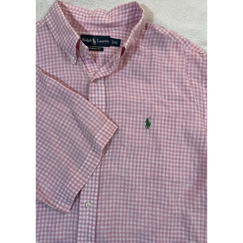 Polo Ralph Lauren Classic Fit 100% Linen Pink White Check XL‎ Green Pony Oxford